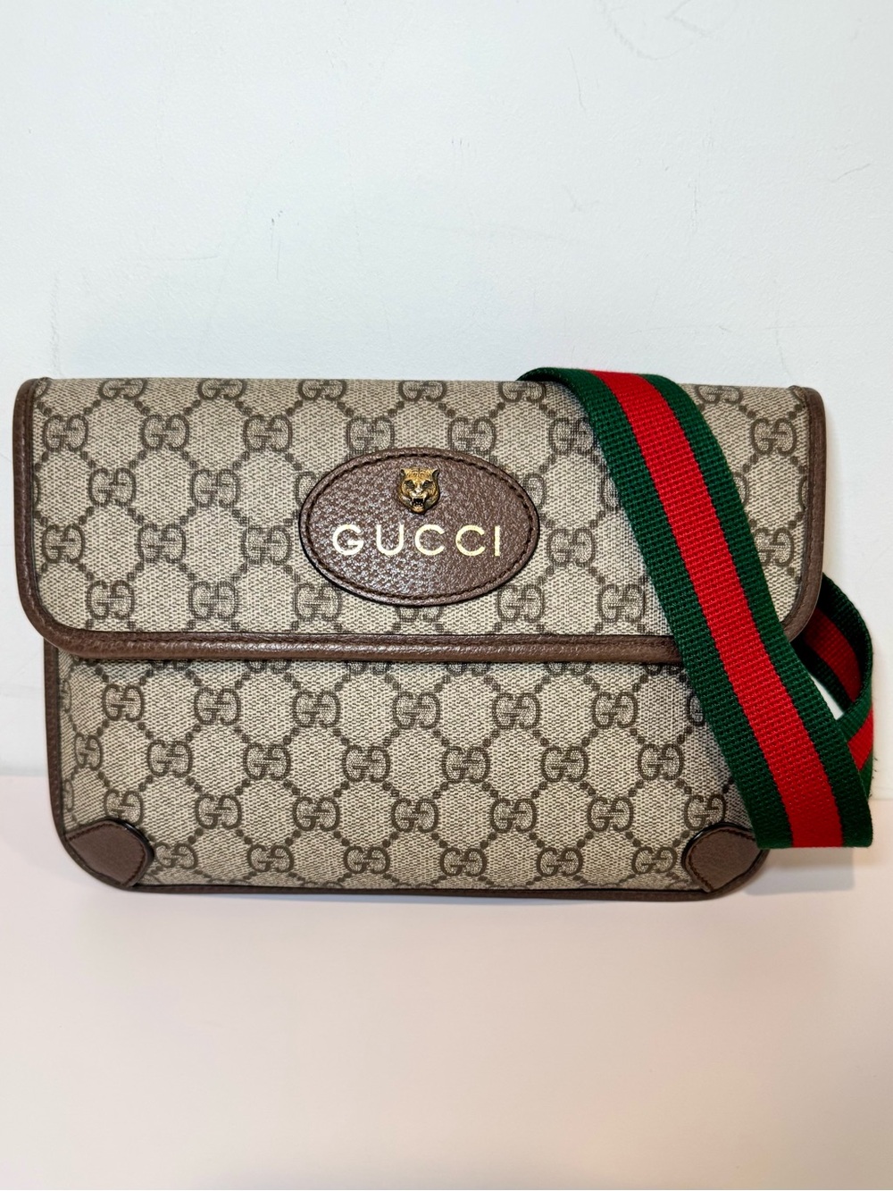Gucci GG Supreme Monogram Logo Neo Vintage Web Belt Bag in Brown W Strap